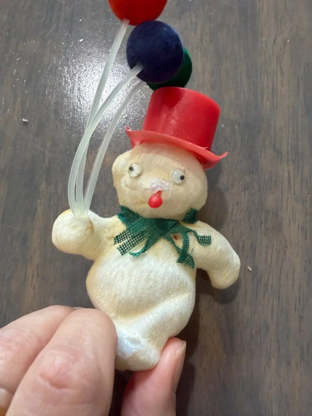 Vintage 1960s Flocked Plastic Blow Mold Ornaments Snowman and Soldier